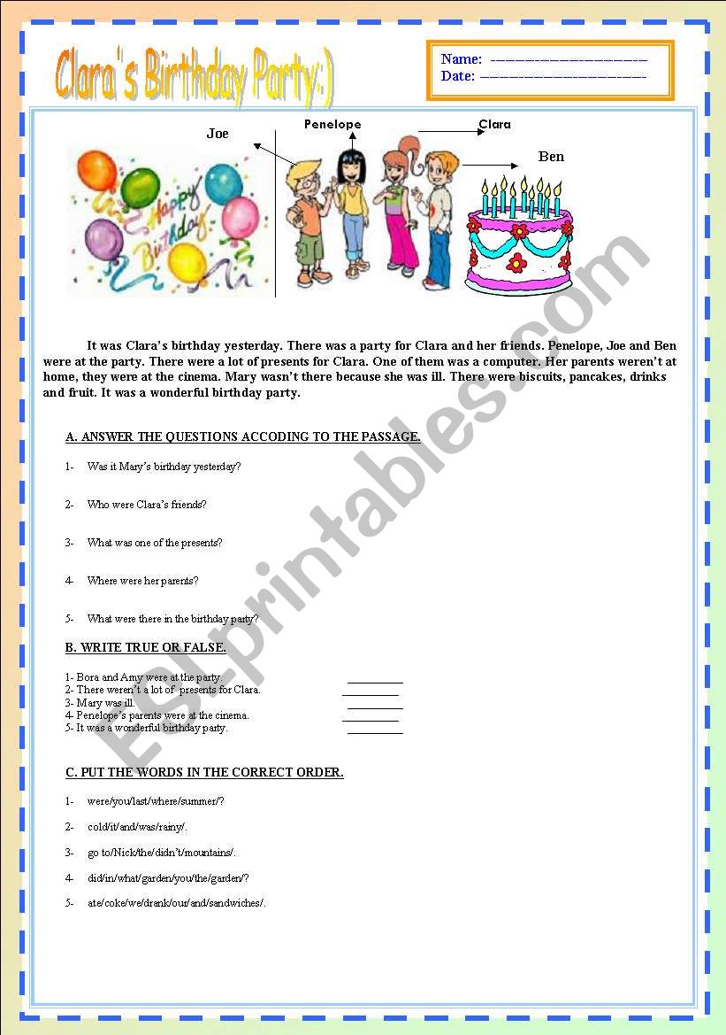 Claras Birthday Party :) [Past Tense] 2 pages 7 exercises